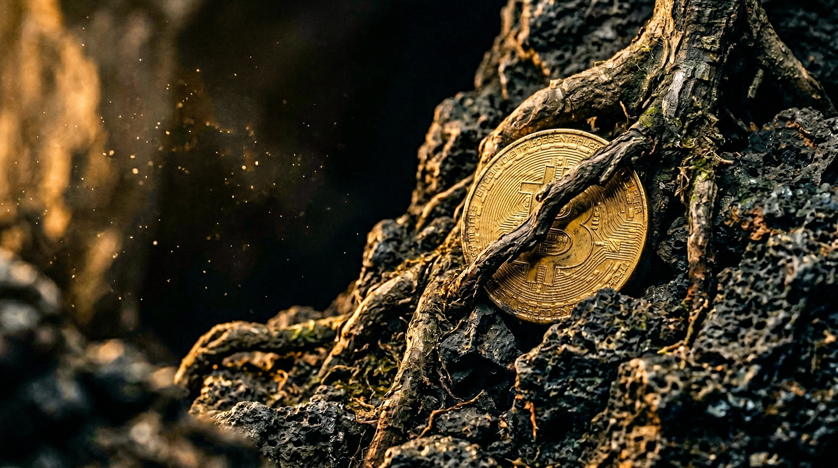 A single golden Bitcoin embedded in dark organic root structures