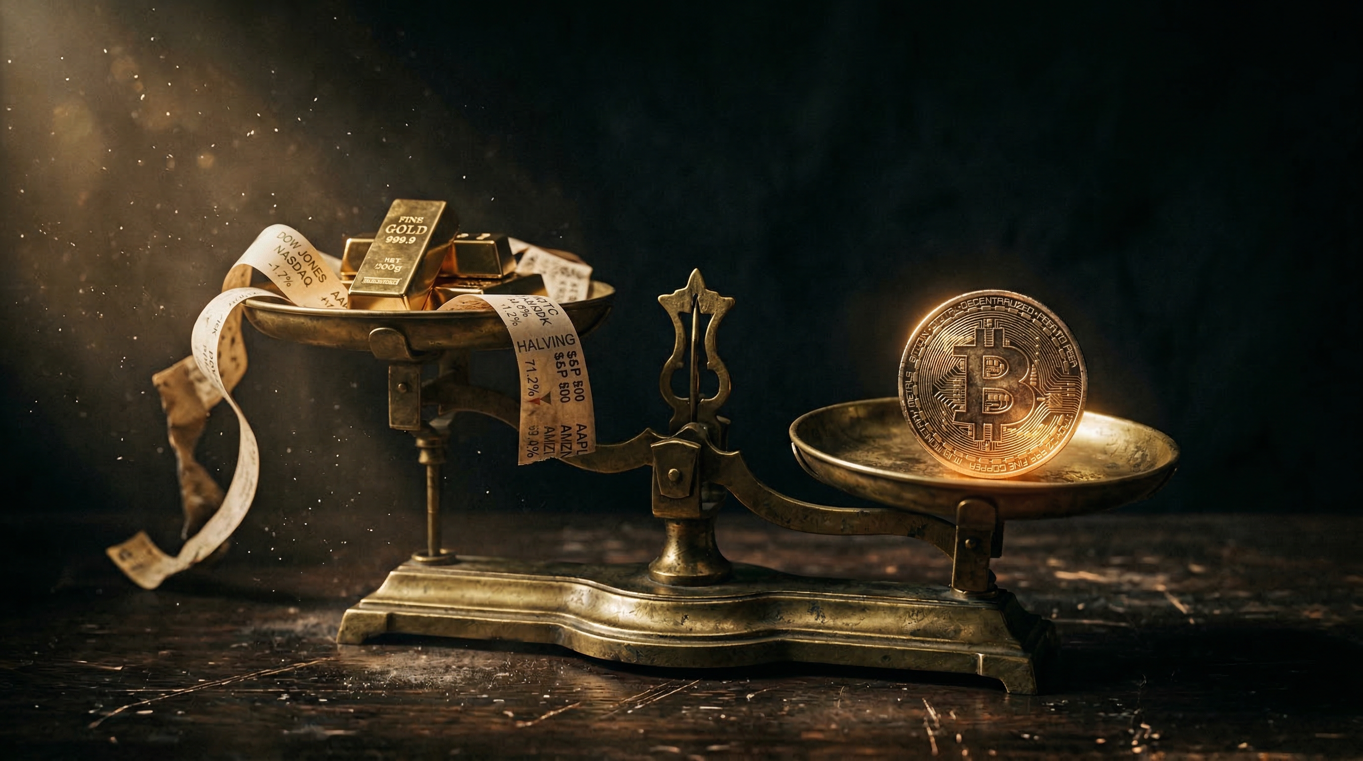 Gold and traditional assets on a scale against Bitcoin