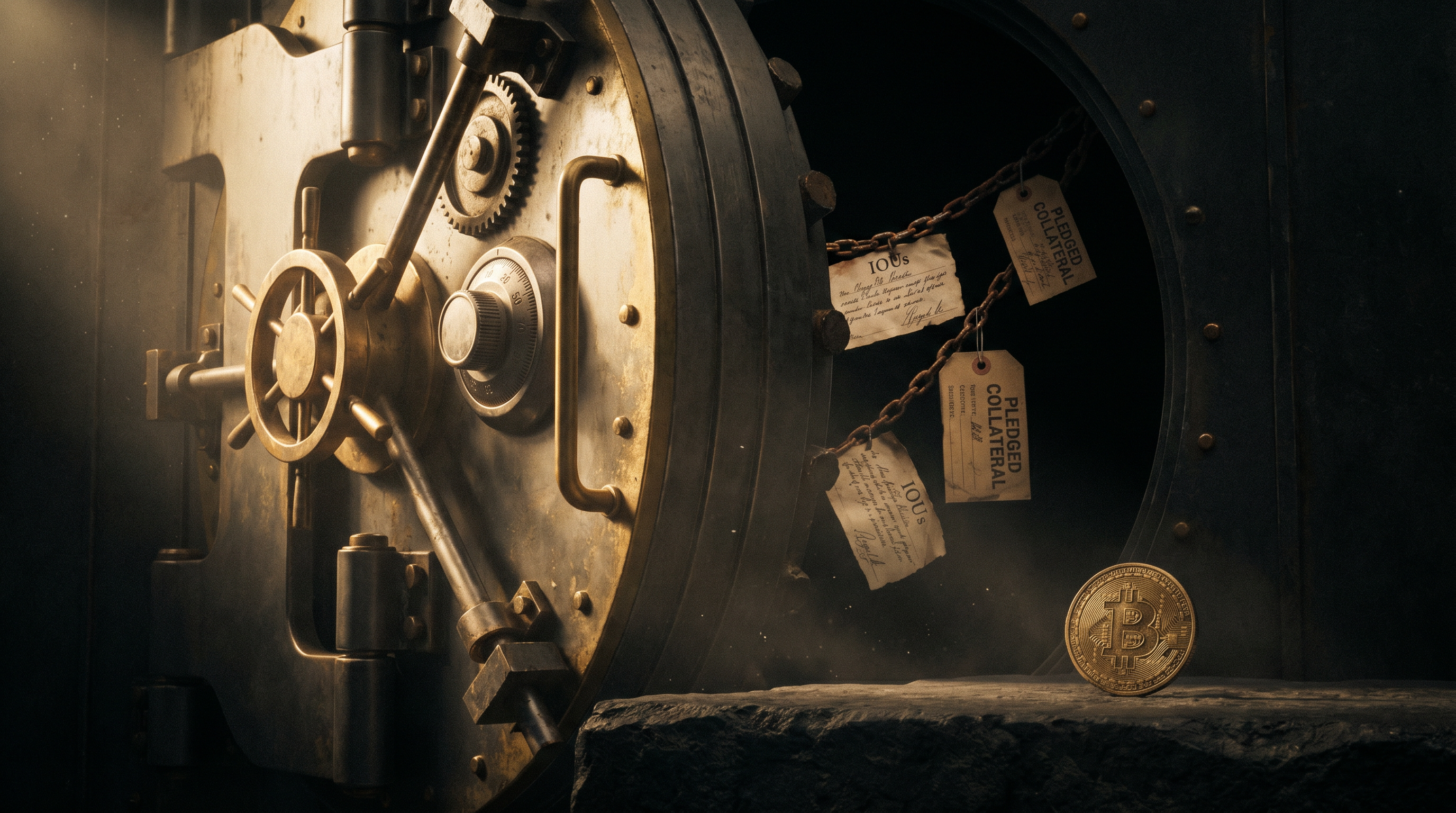 A massive old bank vault door slightly ajar, chains of IOU and pledged collateral tags spilling out, a single gold Bitcoin resting on a stone ledge in the foreground